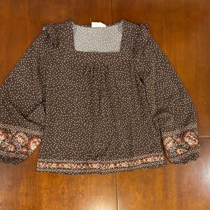 Savanna Jane Brown Polka Dot Blouse with Floral Embroidered Accents